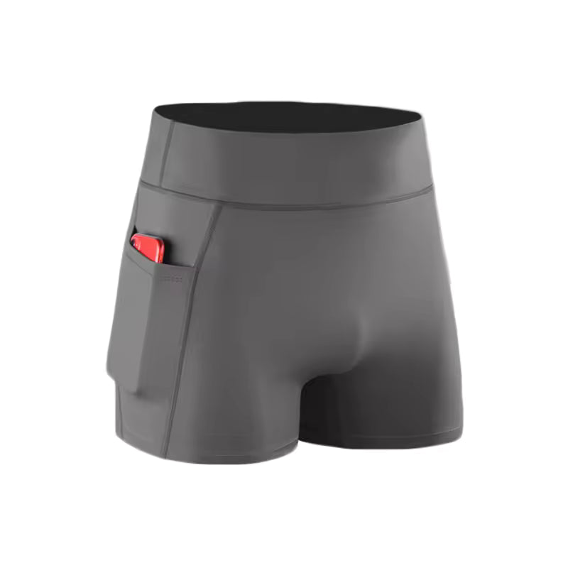 Gray athletic shorts with a red pocket on a white background