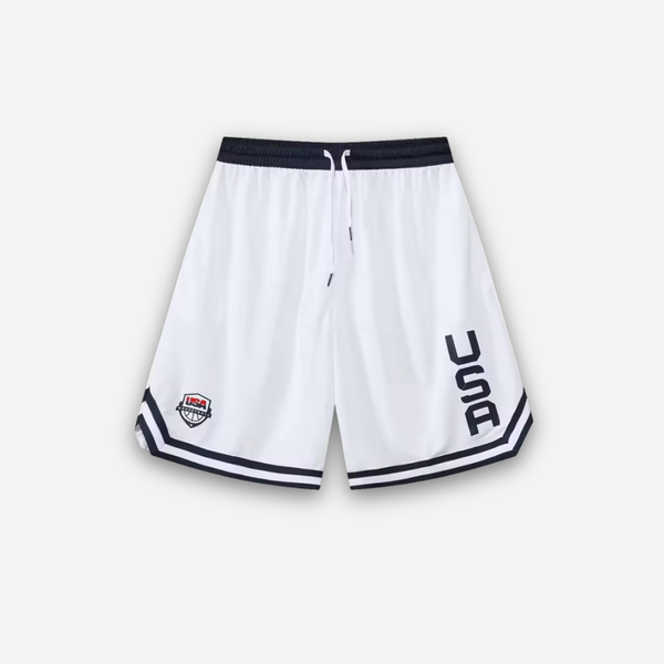 White shorts with black accents and 'USA' branding on a light gray background